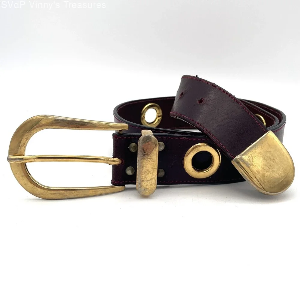 Vintage Italian Leather Grommet Belt Burgundy Gold Tone Hardware Size 100cm
